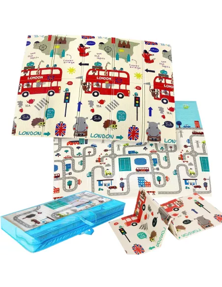 MATA PIANKOWA DWUSTRONNA SKŁADANA DUŻA 150 CM X 200 MIASTO AUTOBUS