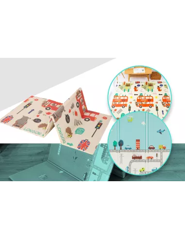 MATA PIANKOWA DWUSTRONNA SKŁADANA DUŻA 150 CM X 200 MIASTO AUTOBUS