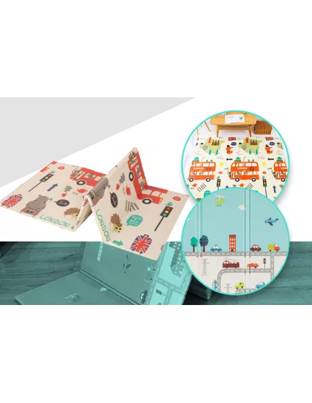 MATA PIANKOWA DWUSTRONNA SKŁADANA DUŻA 150 CM X 200 MIASTO AUTOBUS