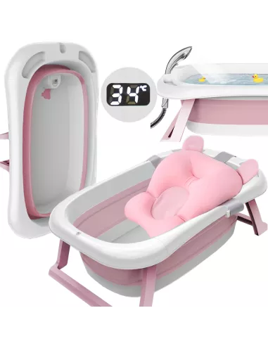DUŻA WANIENKA WANNA DZIECI SKŁADANA TURYSTYCZNA SILIKON FOTELIK TERMOMETR RÓŻOWA