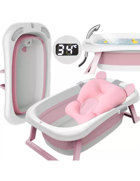 DUŻA WANIENKA WANNA DZIECI SKŁADANA TURYSTYCZNA SILIKON FOTELIK TERMOMETR RÓŻOWA